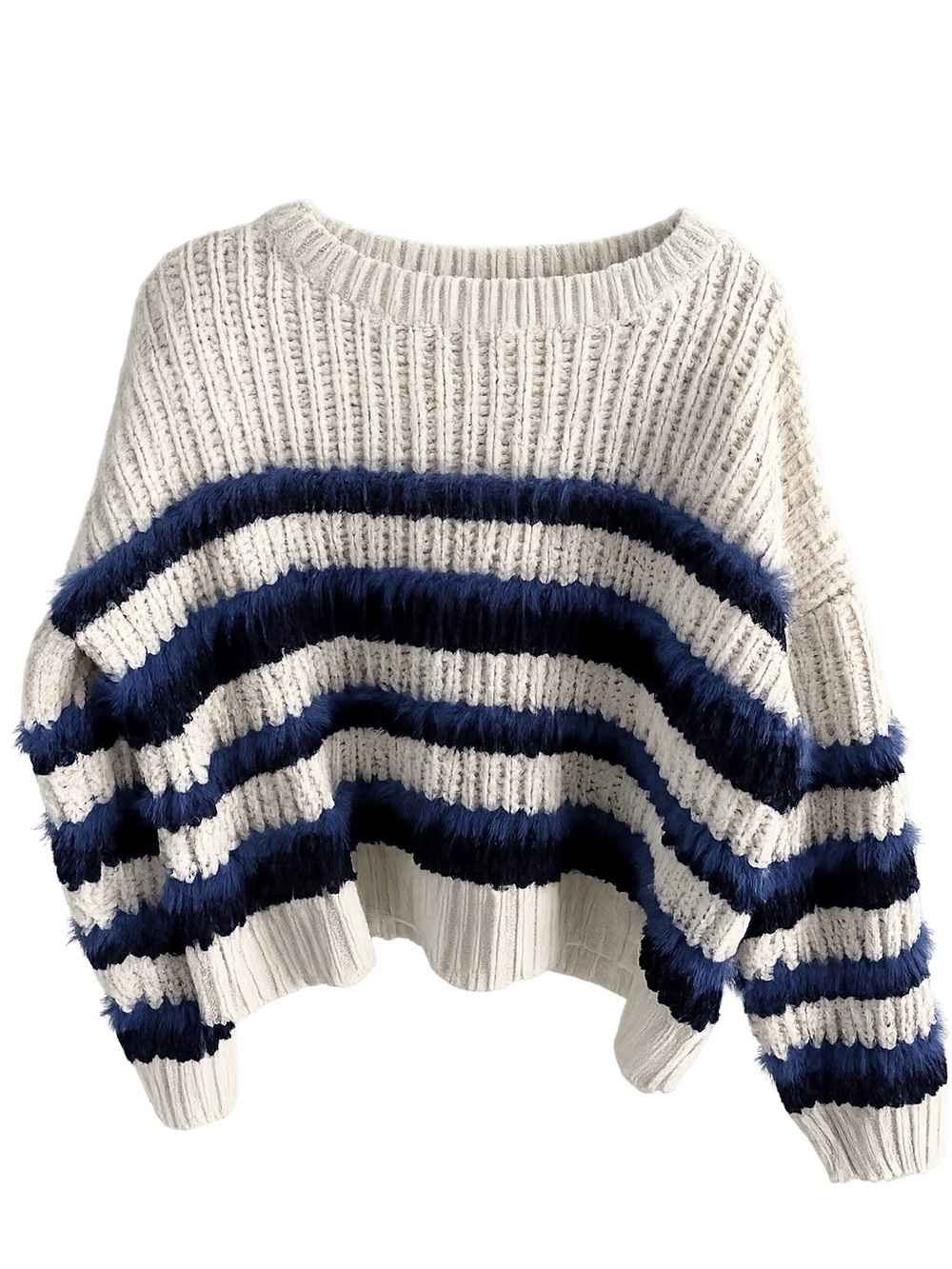 It’s Our Time Oversized Cream & Blue Fuzzy Striped Knit Sweater - Size Large